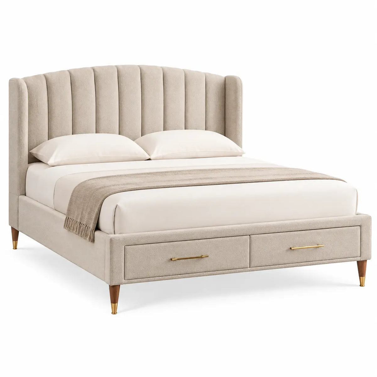 Estructura de cama con cabecero con acolchado acanalado y cajones, beige y marrón