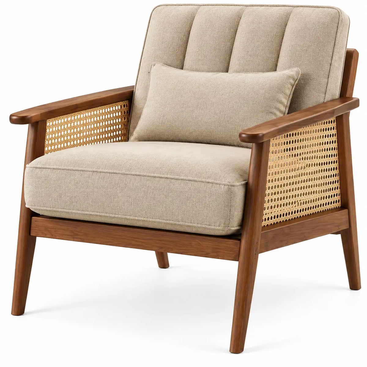 Sillón con estructura abierta con acolchado acanalado y detalles de entramado, beige y marrón