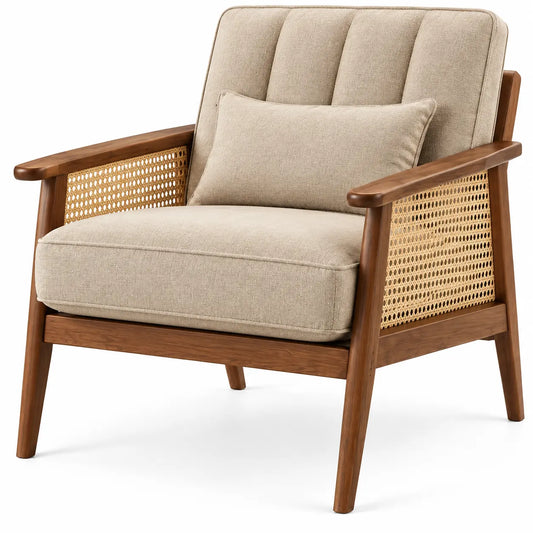 Sillón con estructura abierta con acolchado acanalado y detalles de entramado, beige y marrón
