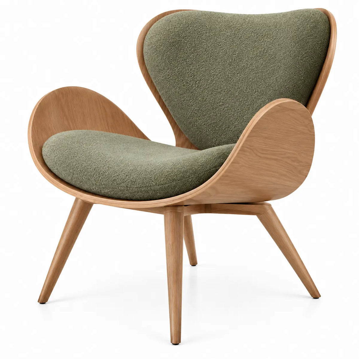 Sillón tapizado de contorno redondeado, verde y marrón