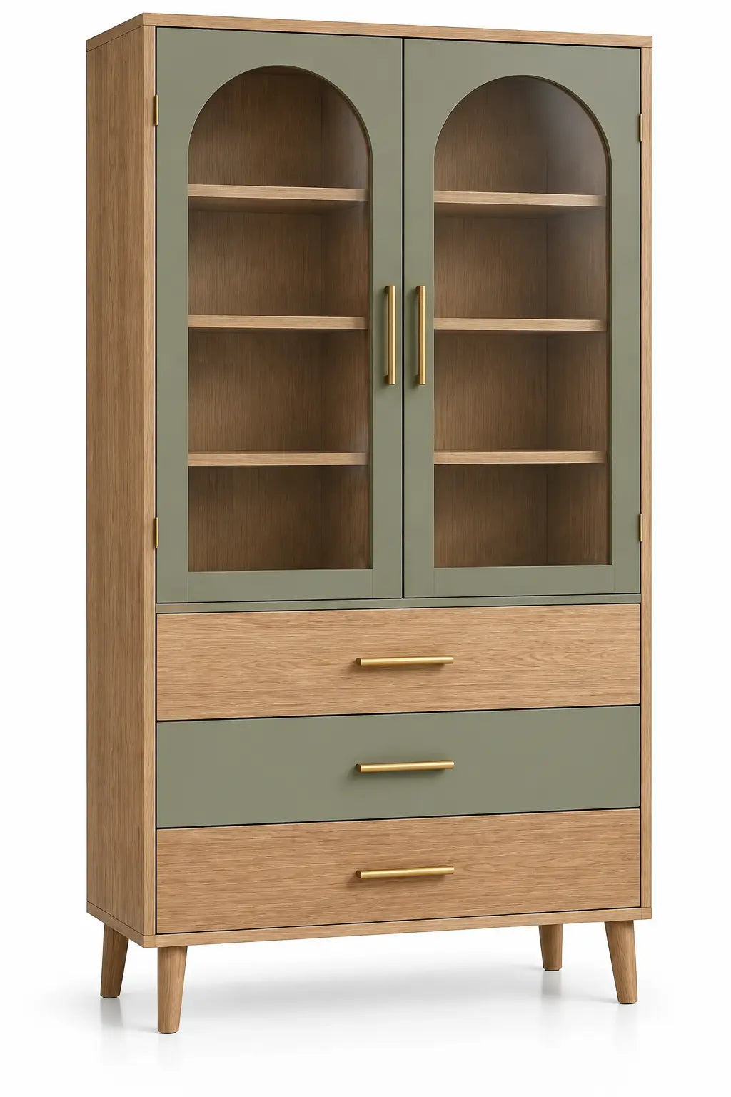 Vitrina de almacenamiento con formas arqueadas y cajones, marrón y verde