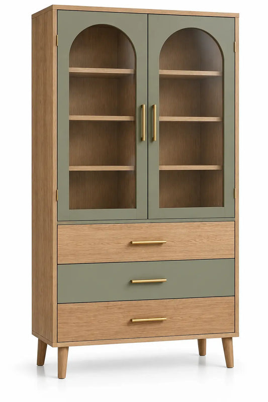 Vitrina de almacenamiento con formas arqueadas y cajones, marrón y verde