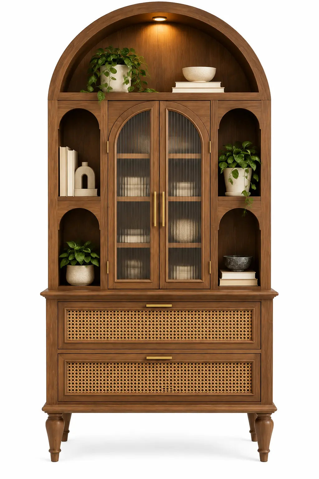 Vitrina de almacenamiento con formas arqueadas y estantes, marrón