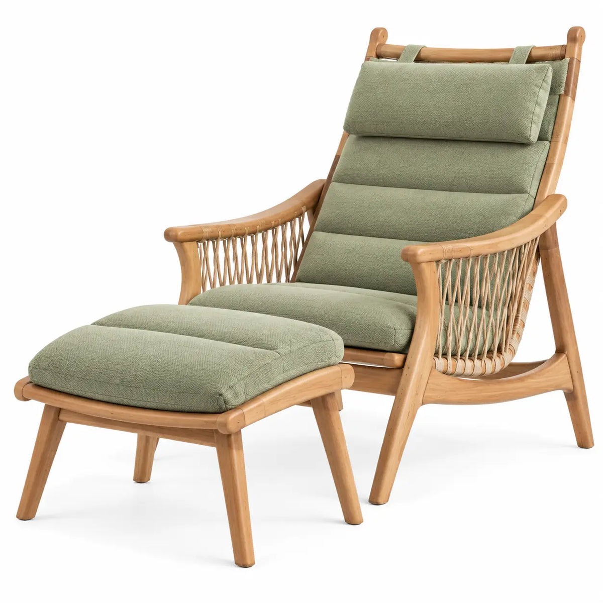 Sillón con reposapiés con detalles de entramado y respaldo alto, verde y marrón
