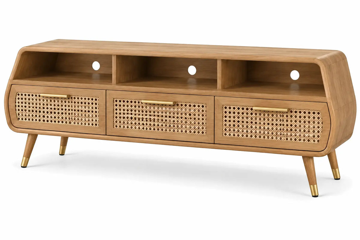 Mueble bajo para televisión con detalles de entramado y estantes, marrón