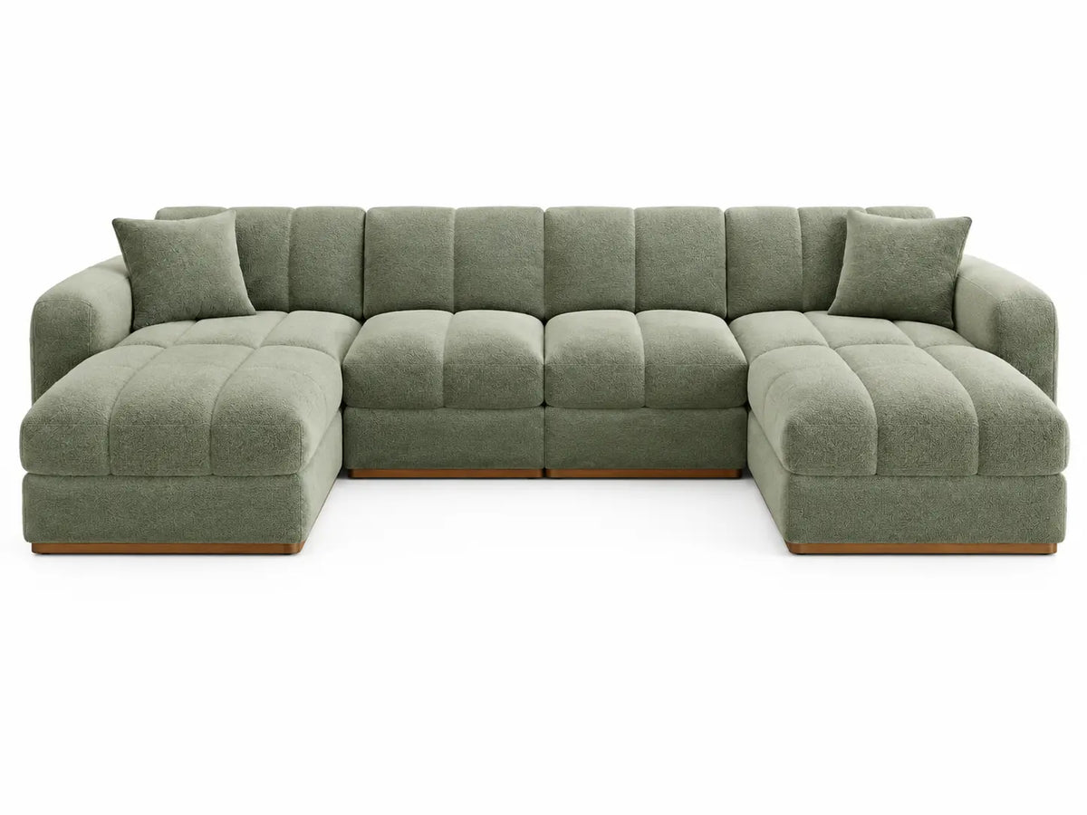 Sofá tapizado en U con botones decorativos, verde