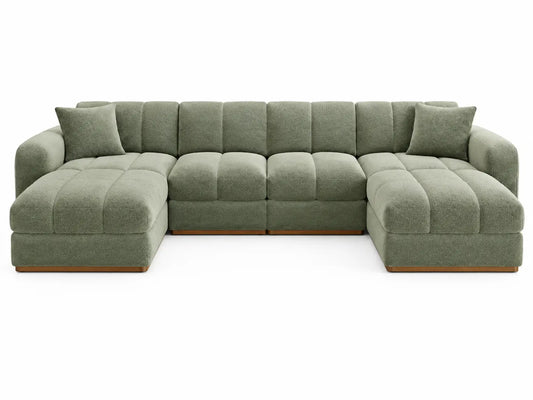 Sofá tapizado en U con botones decorativos, verde